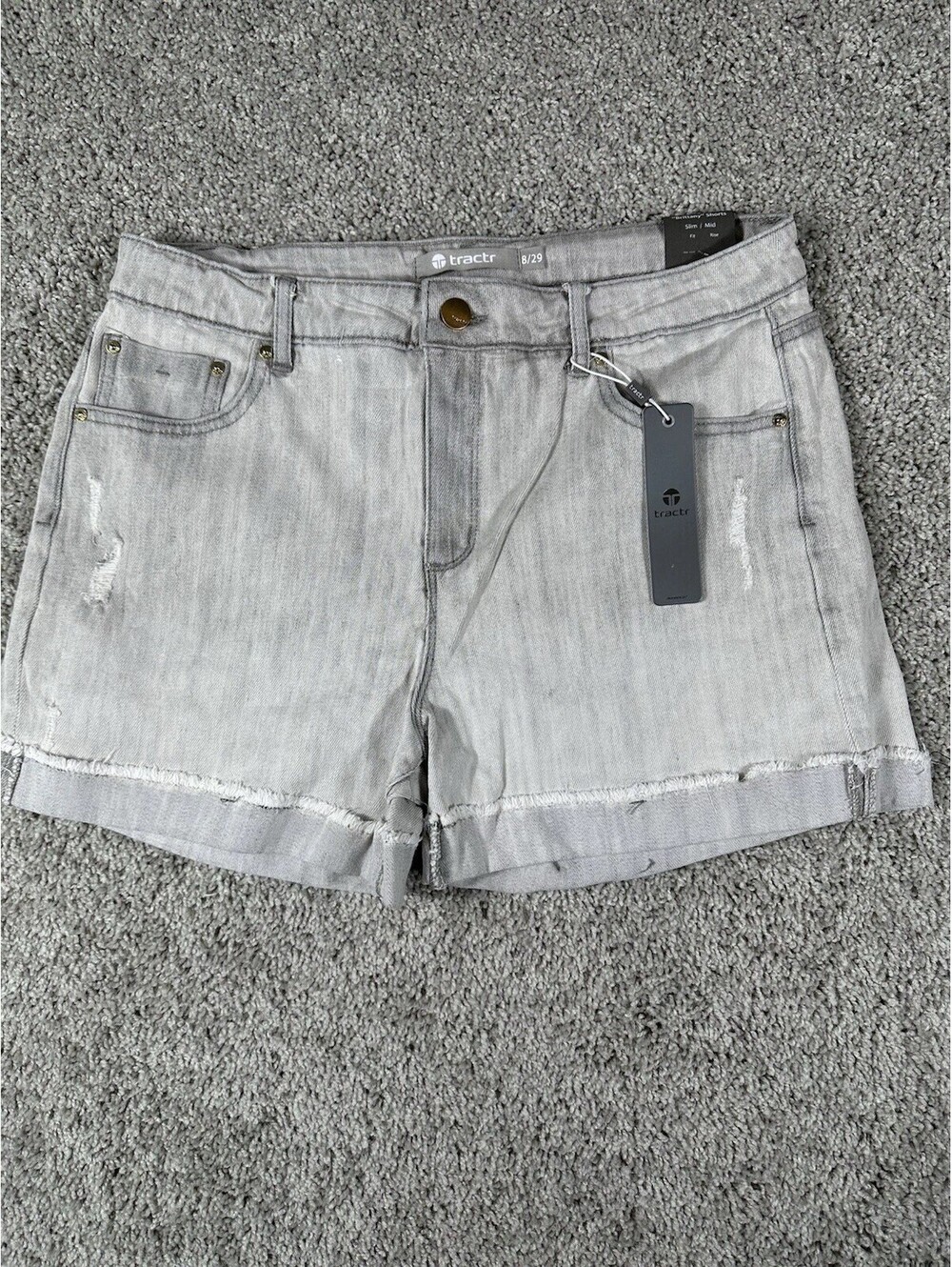 Tractr Women’s Brittany Grey Raw Rolled Hem Mid Rise Jean Shorts Size 8/29 NWT
